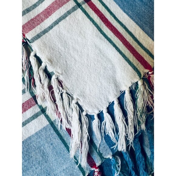 Plaid Tablecloth Blue White Plaid Cotton Fringe Edges 70x53 Farmhouse Cottage - Picture 3 of 5